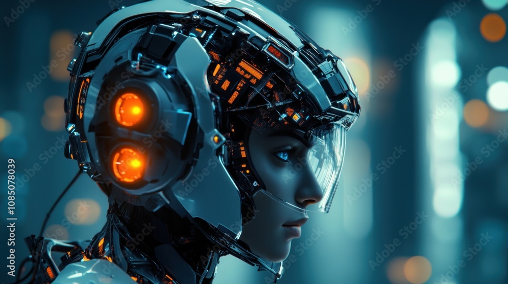 Poster futuristic robot head with glowing elements and a sleek design.