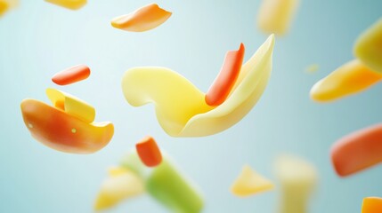 Colorful pasta shapes floating in the air.