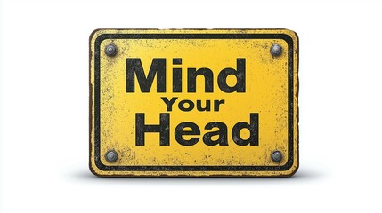 Weathered Yellow Caution Sign with Black Text Warning to Mind Your Head for Safety in Industrial or Construction Settings, Reflecting Attention to Workplace Hazards