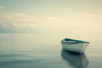 Fototapeta premium Serene Waters: A Lonesome Boat on a Calm Horizon
