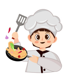 Illustration of a boy chef with a dish and spatula in his hand