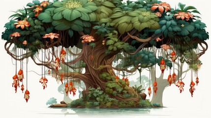 Fototapeta premium Transparent PNG available A lush jungle scene featuring a large, ancient tree with hanging vines and a variety of tropical flowers, 