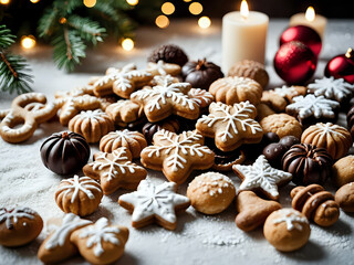 Fototapeta premium Christmas cookies with chocolate on table and white plate with Christmas tree bokeh background