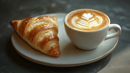 Warm Croissant and Creamy Latte Art on a Rustic Table Ideal for Breakfast and Brunch Moments, Cozy Cafes, or Culinary Photography Concepts