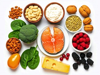 Ketogenic diet food. Healthy low carbs products. Keto diet concept. Vegetables, fish, meat, nuts, seeds, berries, cheese.