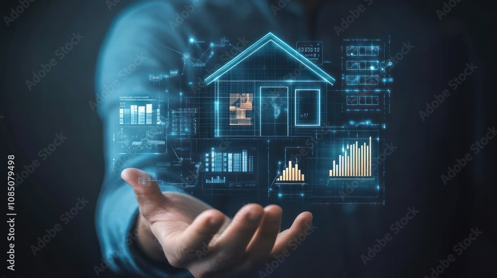 Poster a person holding a digital representation of a smart home with data visuals.