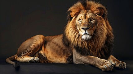 Fototapeta premium A majestic lion resting elegantly, showcasing its powerful build and striking mane against a dark backdrop.