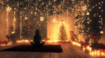 Peaceful Meditation in a Cozy Christmas Setting with Twinkling Lights, Holiday Decorations, and a Beautifully Adorned Tree in a Tranquil Atmosphere