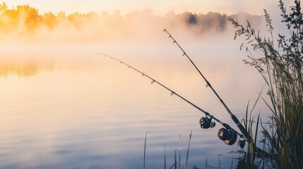 A tranquil fishing trip on a misty lake at dawn, Fishing rods and tackle arranged for angling, Lakeside leisure style