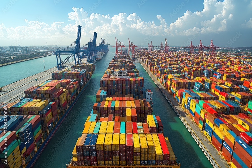 Poster aerial view of a busy container port