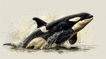 Obraz premium Orca whale leaping from water, splashing.