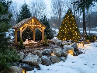 Serene Winter Scene with Nativity Display Surrounded by Snowy Landscape and Twinkling Christmas Lights in a Peaceful Outdoor Setting
