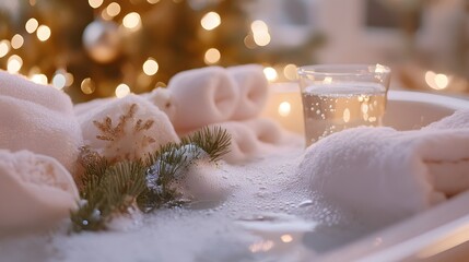 Cozy Holiday Bathtub Scene with Soft Towels, Pine Branches, and a Glass of Water Surrounded by Gentle Bokeh Lights for a Relaxing Atmosphere