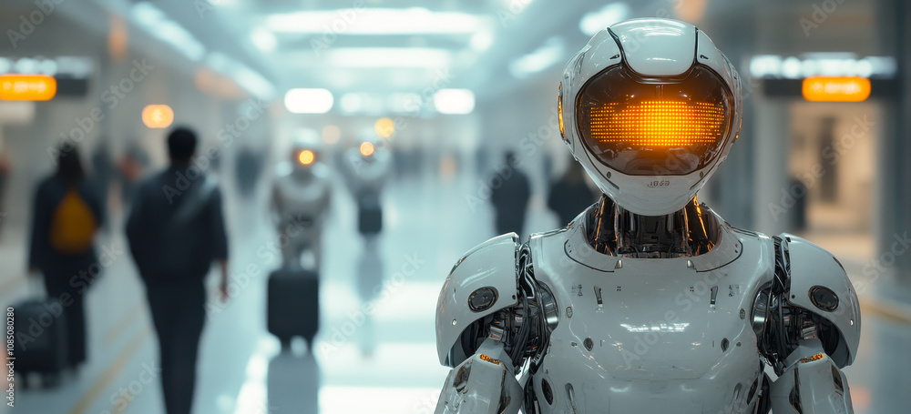 Poster robots assisting passengers at futuristic airport with baggage handling and navigation