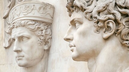 Detailed marble sculptures of ancient figures.