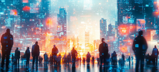 Obraz premium Futuristic Urban Landscape with People and Digital Data Integration in a Smart City