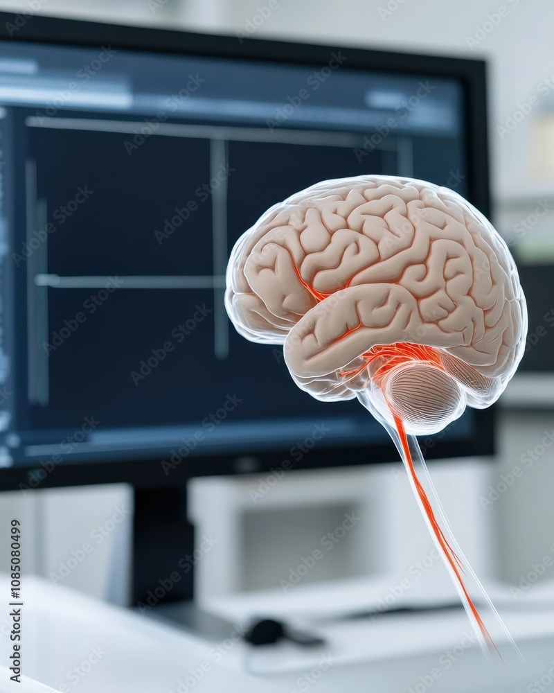 Poster a digital representation of a brain with neural connections, displayed alongside a computer monitor,