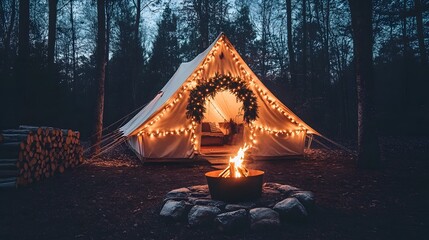Cozy Glamping Tent Surrounded by Forest Trees with Warm Lights and Campfire Creating a Relaxing and Inviting Outdoor Atmosphere
