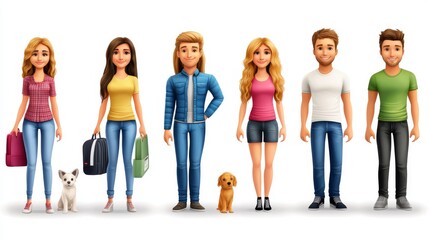 Fototapeta premium Diverse animated characters with pets and bags.