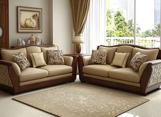 Fototapeta premium Elegant beige sofas with wooden frames, stylish cushions, and a patterned rug in a contemporary living room setting.