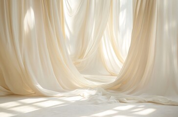 White stage with soft, draped fabrics in the background
