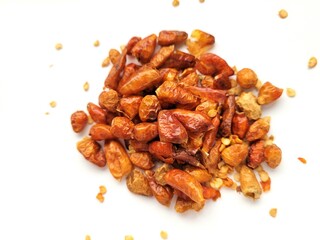 Spicy portion of dried chili, on a white background.