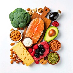 Ketogenic diet food. Healthy low carbs products. Keto diet concept. Vegetables, fish, meat, nuts, seeds, berries, cheese