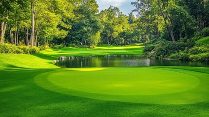 Obraz premium A tranquil golf course setting with meticulously groomed fairways, Golfing essentials elegantly displayed, Classic sporting style