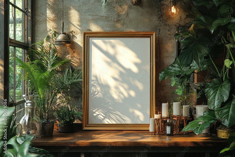 Poster empty canvas frame with tropical plants in an interior design setting