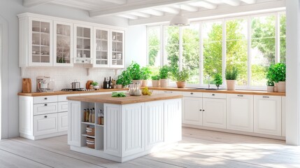 Bright and Spacious Modern Kitchen Design Featuring White Cabinets, Wooden Island, Natural Light, and Lush Green Plants in a Serene Environment