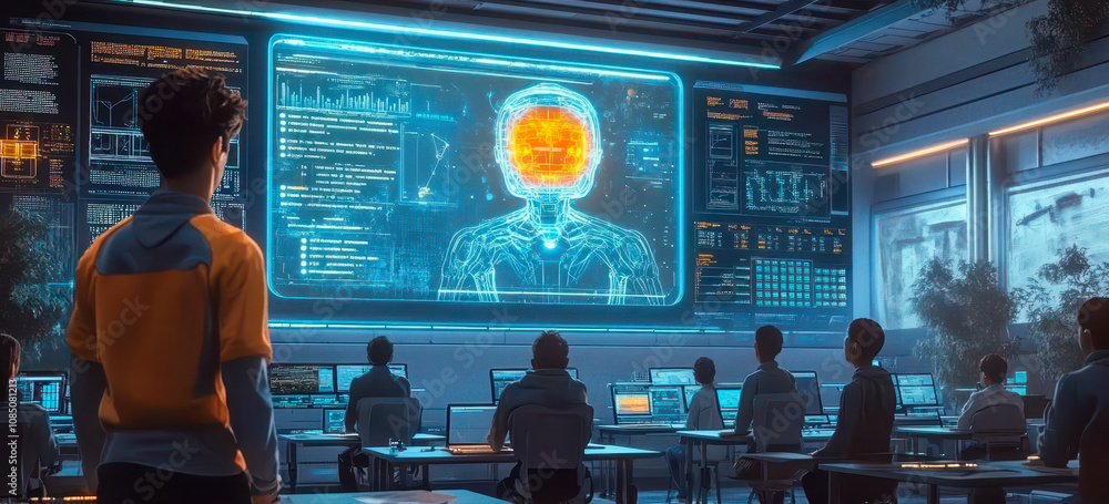 Poster ai teacher interacting with students in a futuristic classroom setting for enhanced learning