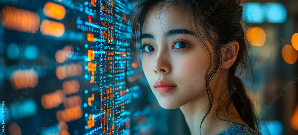 Poster young female asian programmer with code on screen demonstrating technology integration