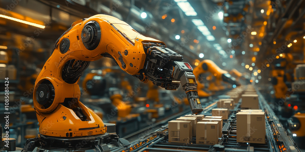 Poster robotic arms sorting packages in high-tech warehouse with conveyor systems