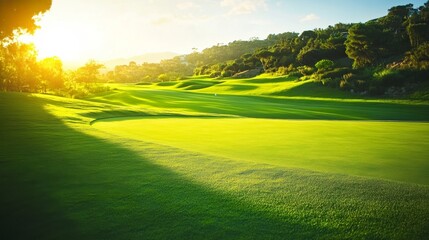 A tranquil golfing experience on a meticulously groomed course, Golf essentials elegantly displayed, Classic sporting style