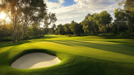 A tranquil golfing experience on a meticulously groomed course, Golf essentials elegantly displayed, Classic sporting style