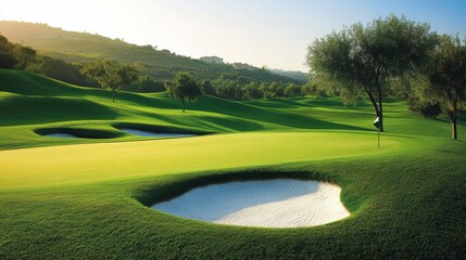 A tranquil golfing experience on a meticulously maintained course, Golf essentials elegantly displayed, Classic sporting style