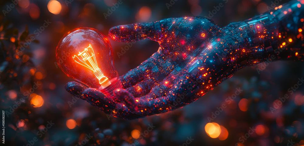 Poster ai innovation: futuristic machine learning and big data network in creative light bulb