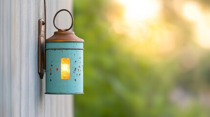 A vintage blue lantern with a warm glow, hanging on a wall, set against a blurred green background, evoking a cozy and nostalgic atmosphere.