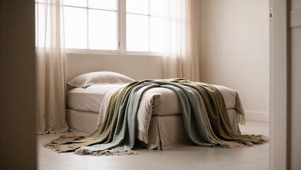 A cozy bed with soft blankets in a serene bedroom setting with natural light