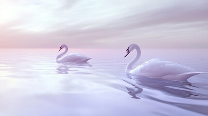 Naklejka premium Elegant swans gliding on serene water surface.