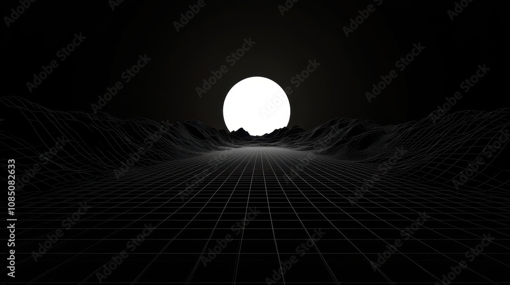 Poster dynamic 3d landscape with grid patterns and bright sunlight virtual environment abstract concept dig