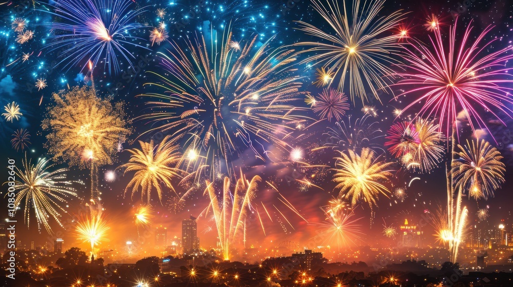 Aufkleber a spectacular fireworks display explodes over a cityscape at night, creating a vibrant and colorful 