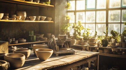 A tranquil pottery workshop in a sunlit studio, Clay and pottery wheels set for crafting, Artisanal craft style