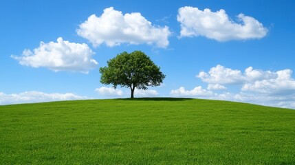 Serene tree growing on lush green hill under bright blue sky nature photography peaceful landscape captured from below