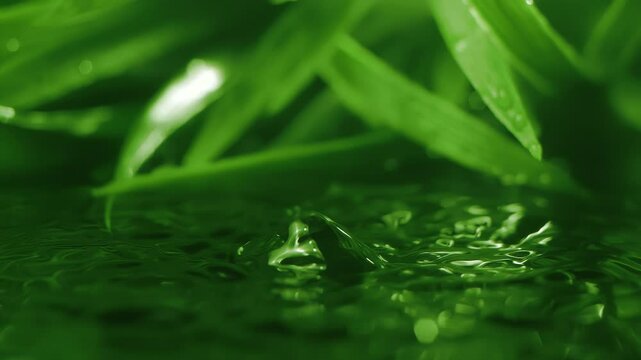 Slow motion macro shot of water droplet falling from fresh green leaf. Alternative herb skin care medicine concept. Herbal essence dropping from leaf. Organic serum drop or green tea tree oil extract