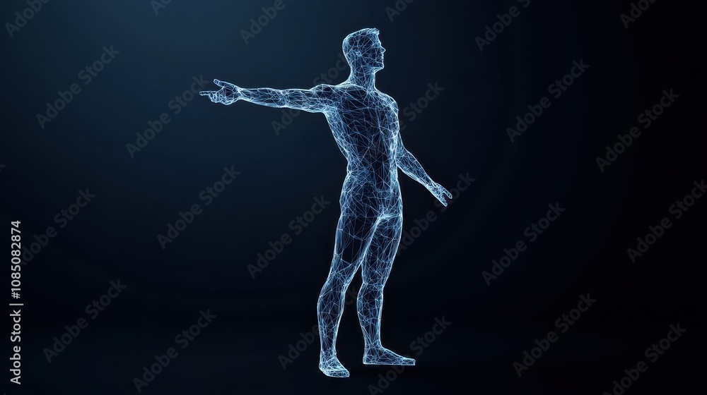 Poster digital human model pose virtual space 3d illustration abstract environment side view technology and