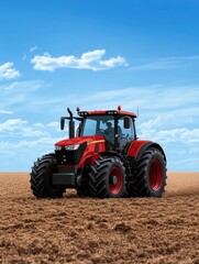 Obraz premium Tractor plowing field rural landscape agriculture photography sunny day wide angle viewpoint farming concepts