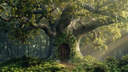 Sunlight filtered through the gaps, casting dappled shadows on the forest floor, where ferns and moss thrived in the cool, shaded environment.