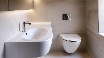 Modern bathroom sleek materials concepts. Compact bathroom with integrated storage solutions and hidden lighting, efficient modern design