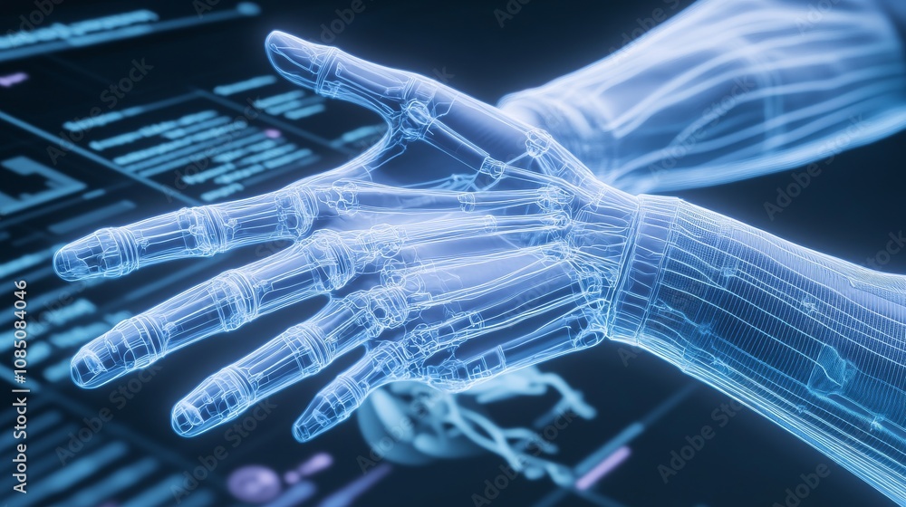 Poster futuristic robotic hand in digital interface.
